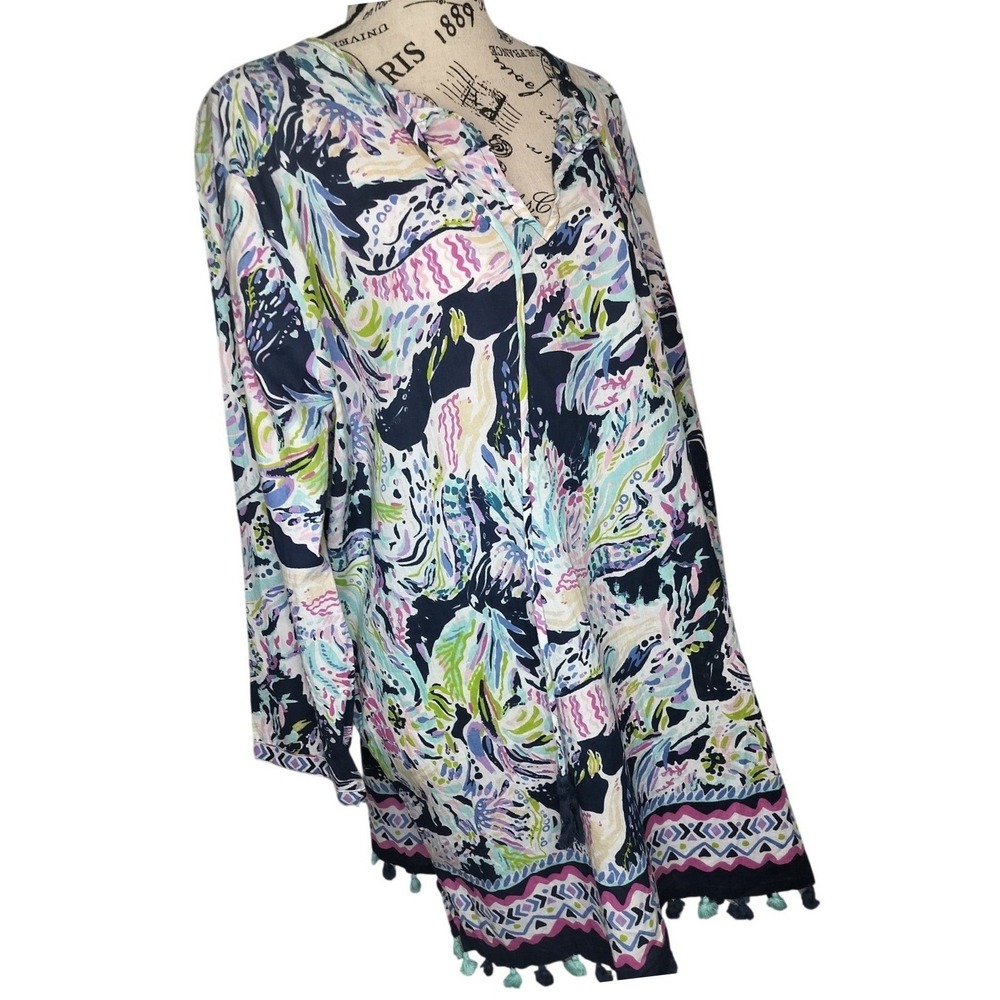 Charlie Paige‎ Tunic Swim Cover Up Navy Pink Tropical Tassel Hem L XL